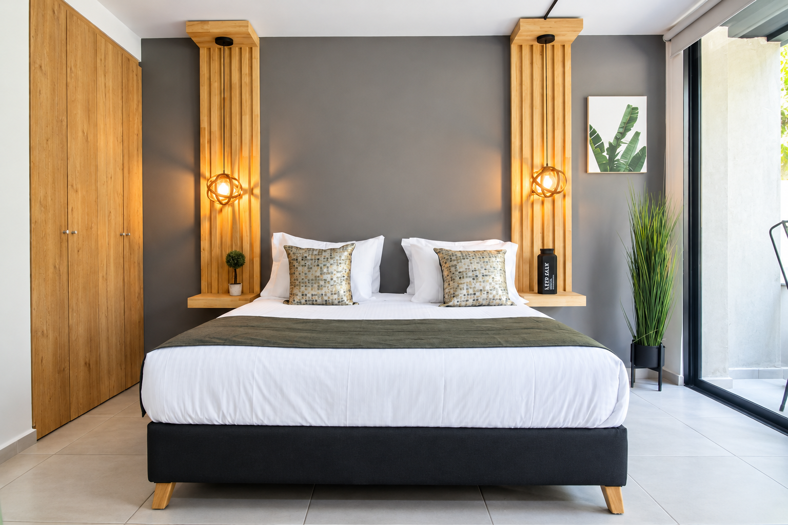 dormitorio moderno con luces cálidas y madera dormitorio moderno con luces cálidas y madera